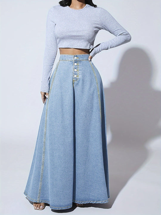 Dames Hoge Taille Maxi Flare Denim Rok - Melina-5