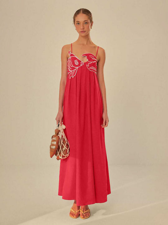 Dames Maxi Jurk Zomer A-Lijn met Uniek Wit Borduursel - Emma-4