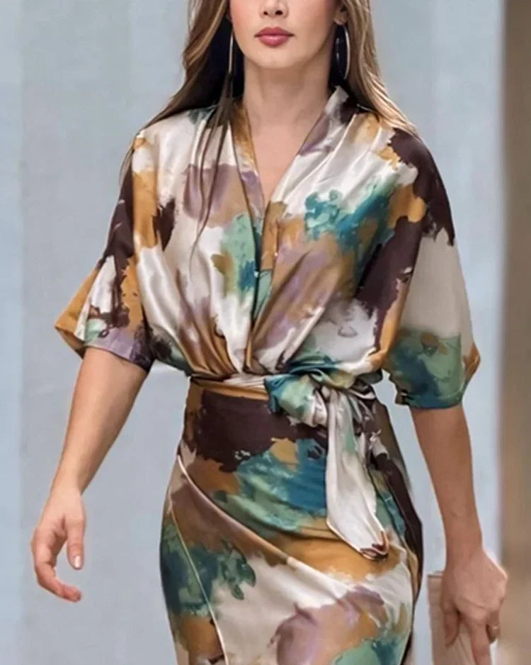 Dames Wikkeljurk Satijnen Tie Dye Print met Halve Mouwen - Olga-3