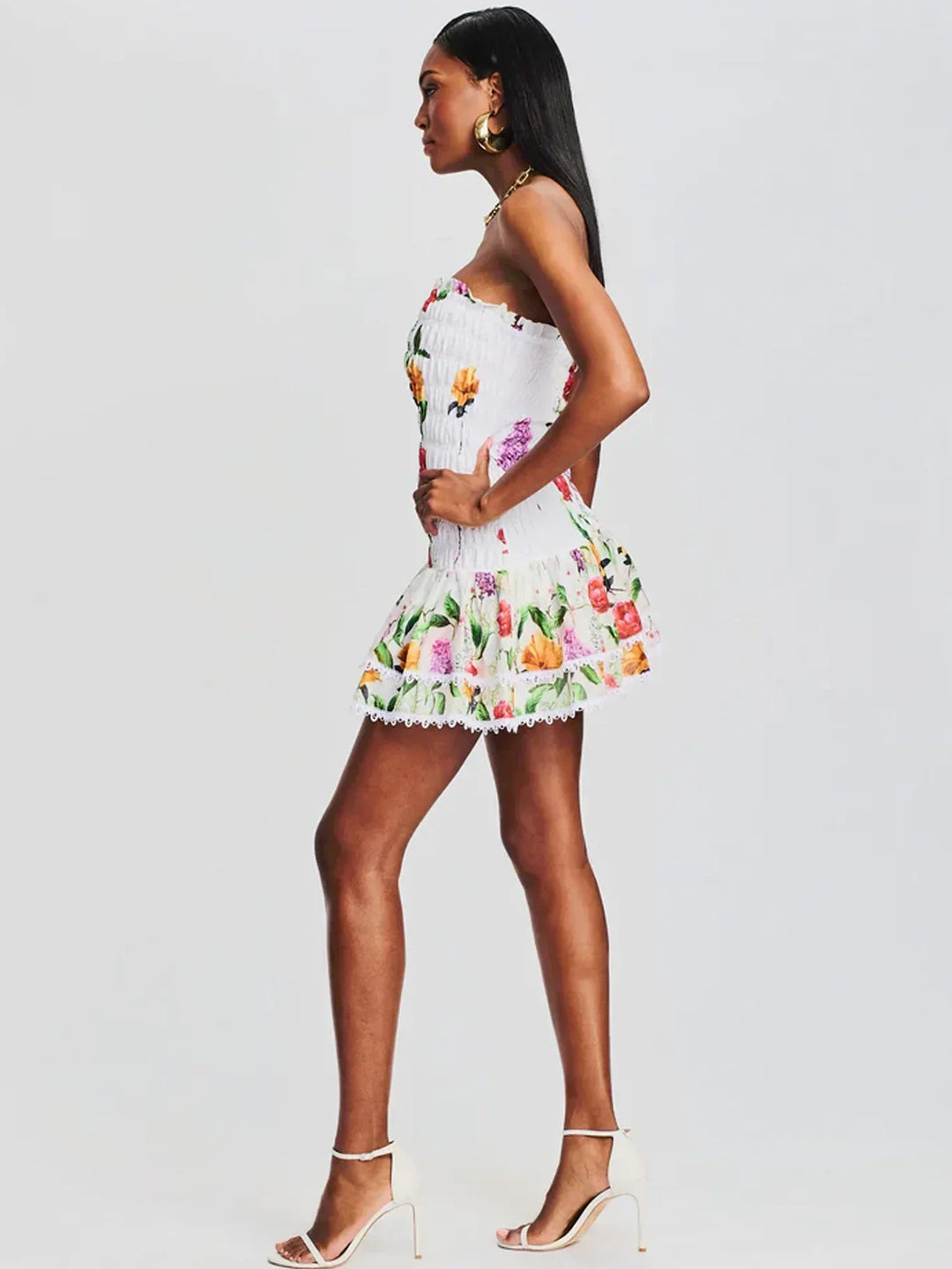 Dames Straploze Mini Jurk Bloemenprint met Smock Detail - Zomer Chic-5