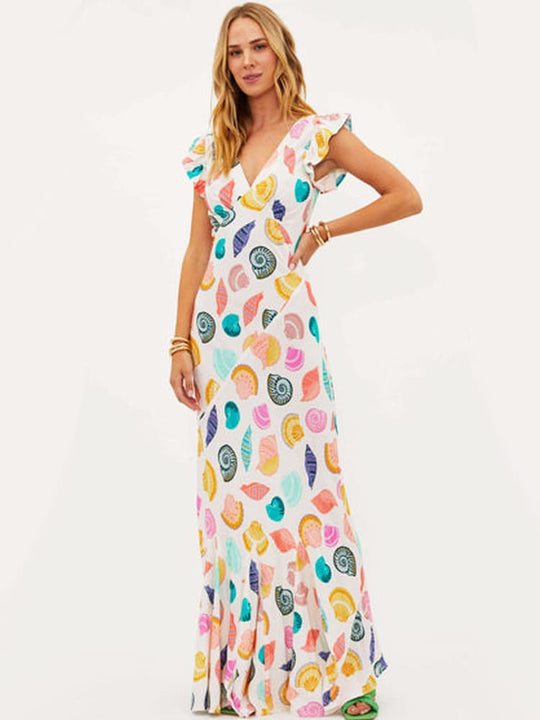 Dames Maxi Jurk V-Hals Kleurrijke Schelpenprint Zomer - Lisa-5
