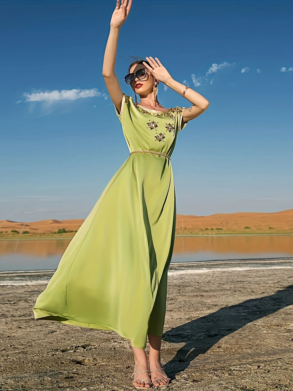 Dames Gala Jurk Avocado Groen Satijn met Strass Steentjes - Elegant Midi Dress-2