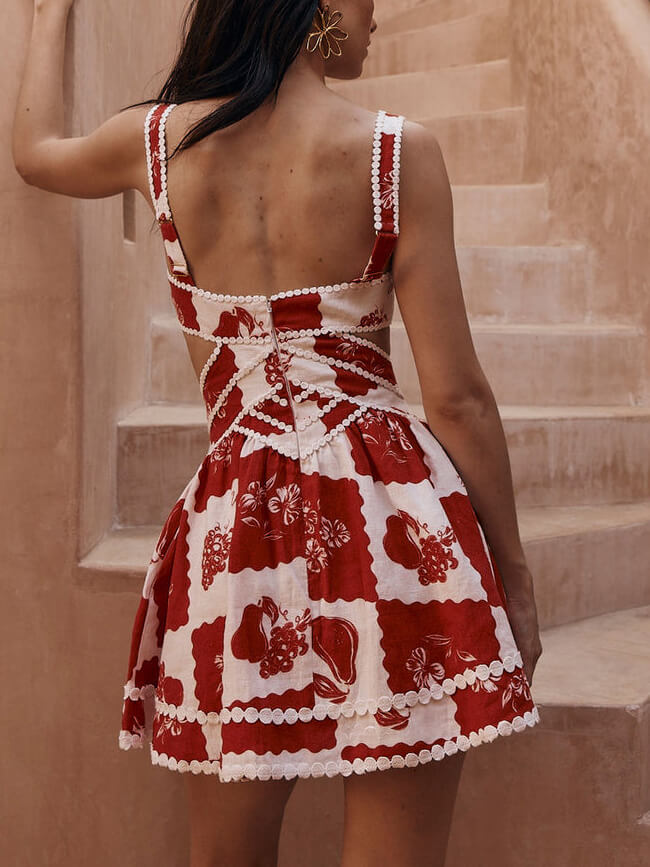 Dames Cut-Out Mini Jurk met Bloemenprint en Pom-Pom Details - Zomerstijl-3