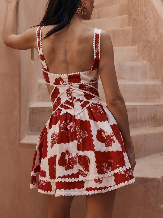 Dames Cut-Out Mini Jurk met Bloemenprint en Pom-Pom Details - Zomerstijl-3