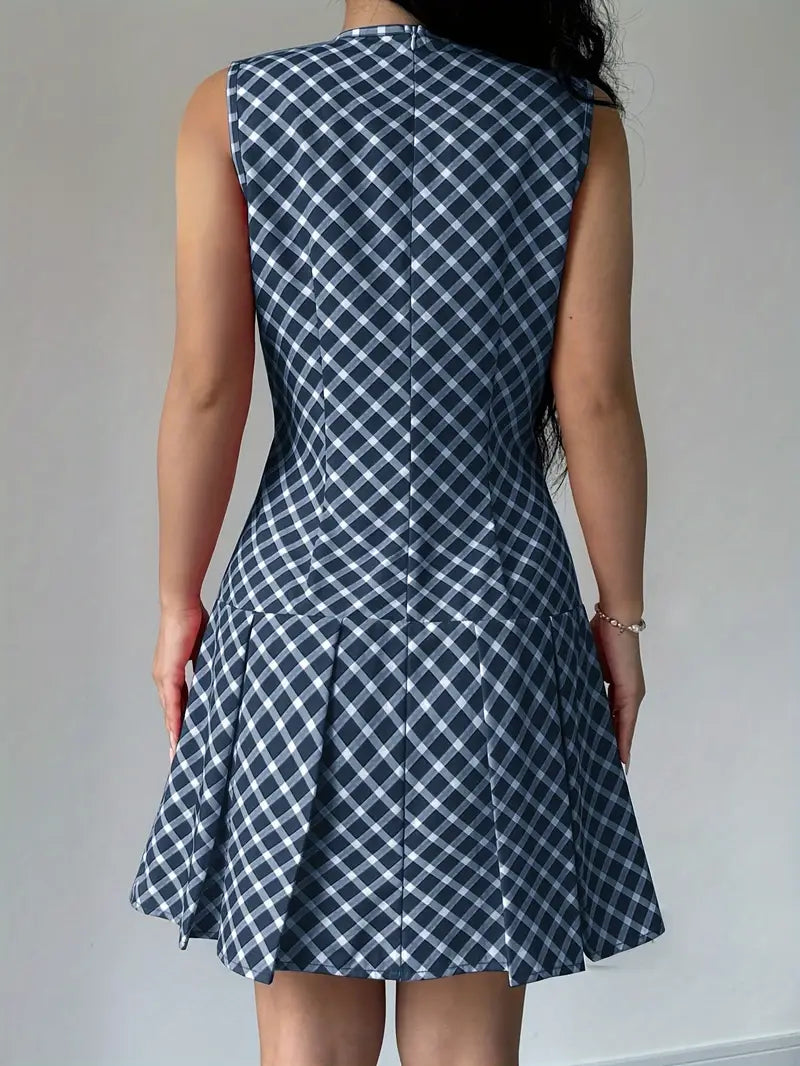 Dames Mouwloze A-lijn Jurk met Plooien en Ruitpatroon - Vintage Chic-3