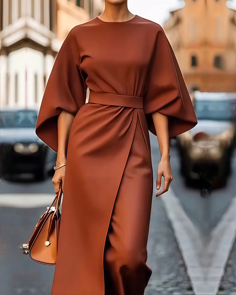 Dames Midi-Jurk Elegante Ceintuur Driekwart Mouwen - Feestelijke en Stijlvolle Zomer Outfit-1