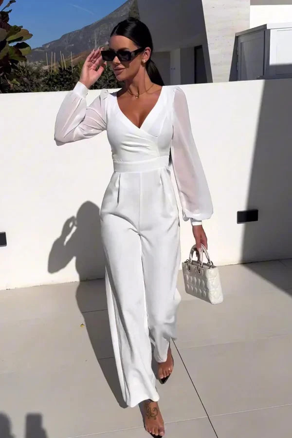 Dames Jumpsuit Luxe V-Hals met Transparante Mouwen - Feestelijk Zwart-1