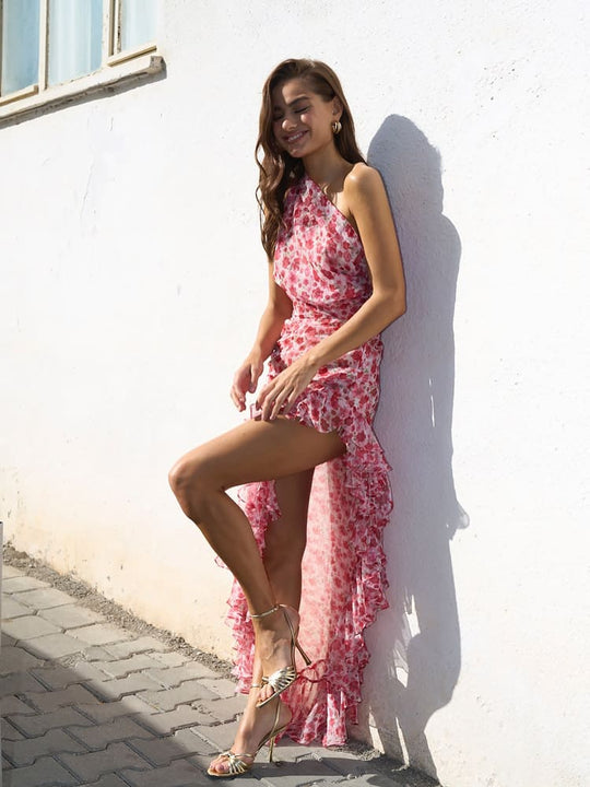 Dames One Shoulder Zomerjurk met Roze Bloemenprint - Amarose-5