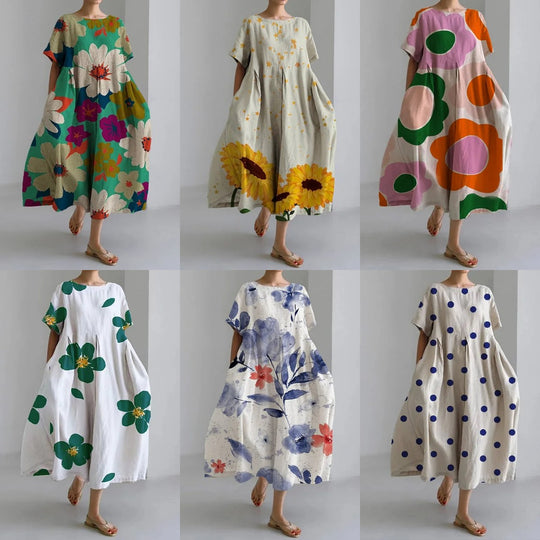 Dames Midi zomerjurk met korte mouwen en bloemenprint in lichtgewicht stof - Simona