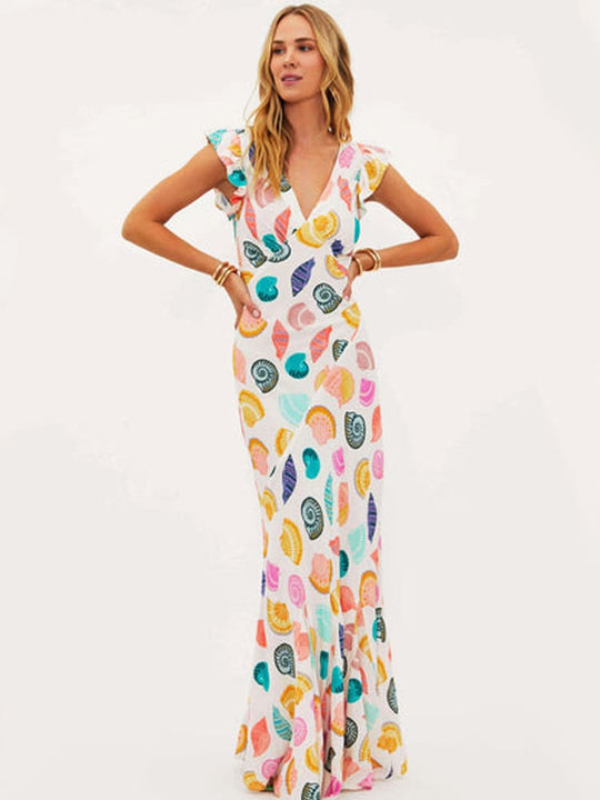 Variant image for Dames Maxi Jurk V-Hals Kleurrijke Schelpenprint Zomer - Lisa-1