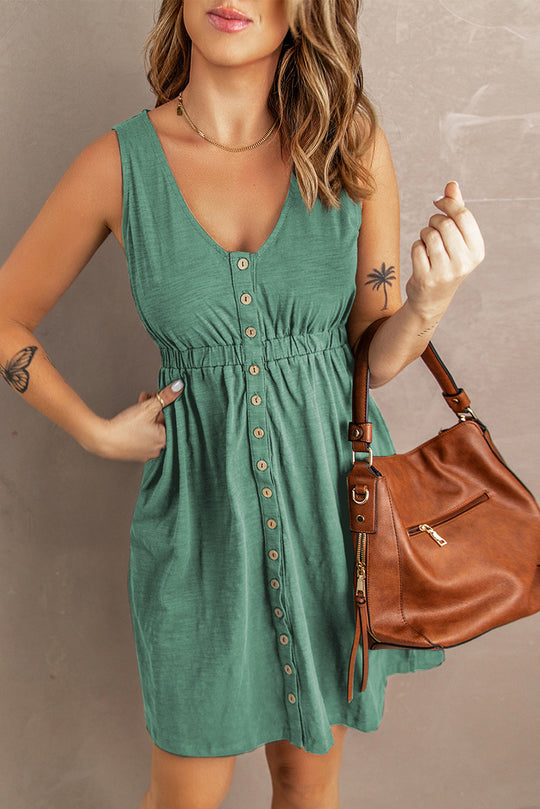 Dames Mouwloze Mini Jurk Hoge Taille Knoopvoorkant - Zomerjurkjes Elegante Stijl-2