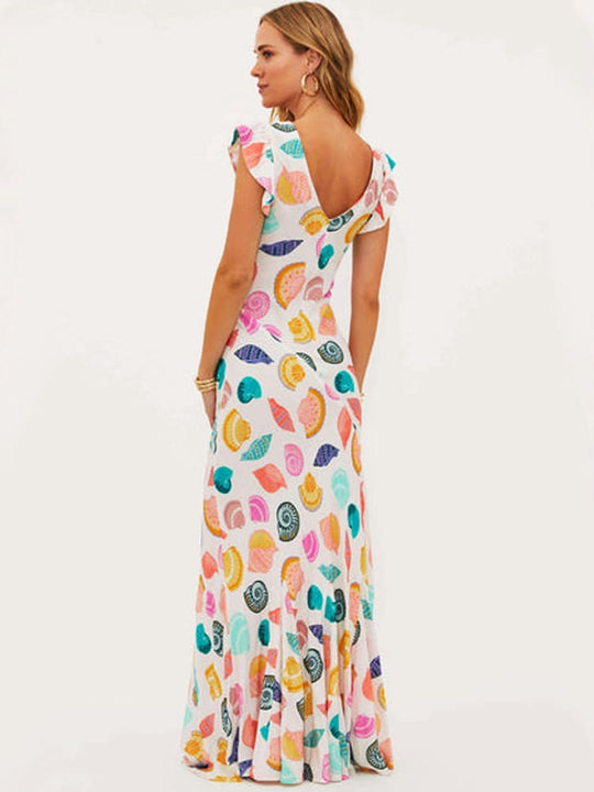 Dames Maxi Jurk V-Hals Kleurrijke Schelpenprint Zomer - Lisa-4