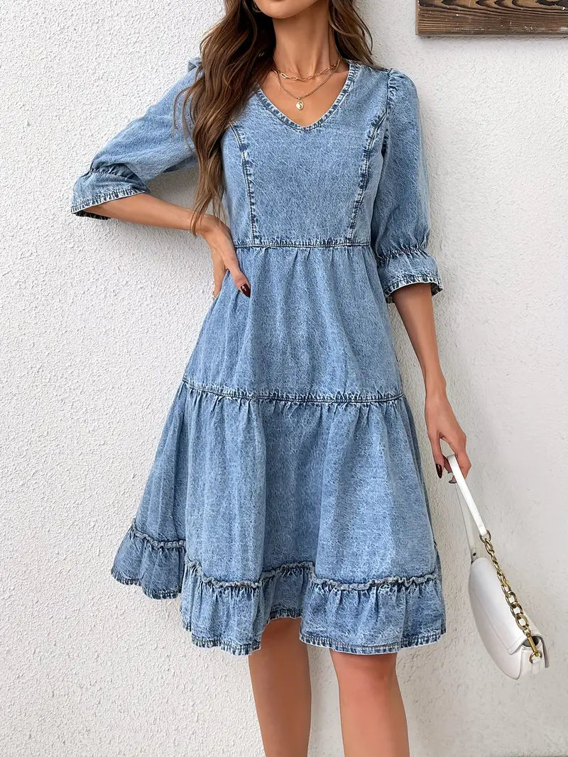 Variant image for Dames Denimjurk V-hals Pofmouwen A-lijn Stijlvolle Zomer Kleding - Greer-1