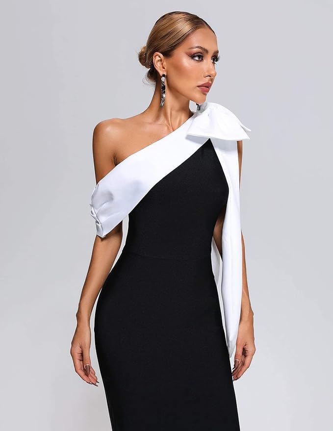 Dames Off-Shoulder Midi Jurk met Strikdetail - Elegante Zwart-Witte Gala Jurk-2