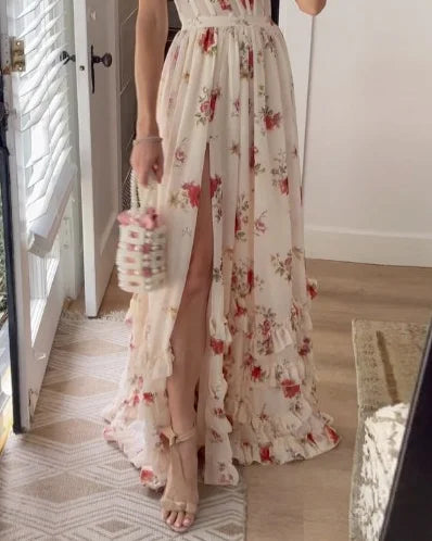 Dames Maxi Jurk Romantische Bloemenprint Met Hoge Split - Sophie-3