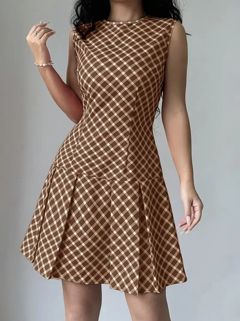 Variant image for Dames Mouwloze A-lijn Jurk met Plooien en Ruitpatroon - Vintage Chic-16