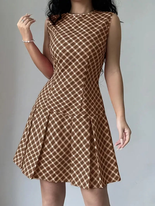 Variant image for Dames Mouwloze A-lijn Jurk met Plooien en Ruitpatroon - Vintage Chic-16