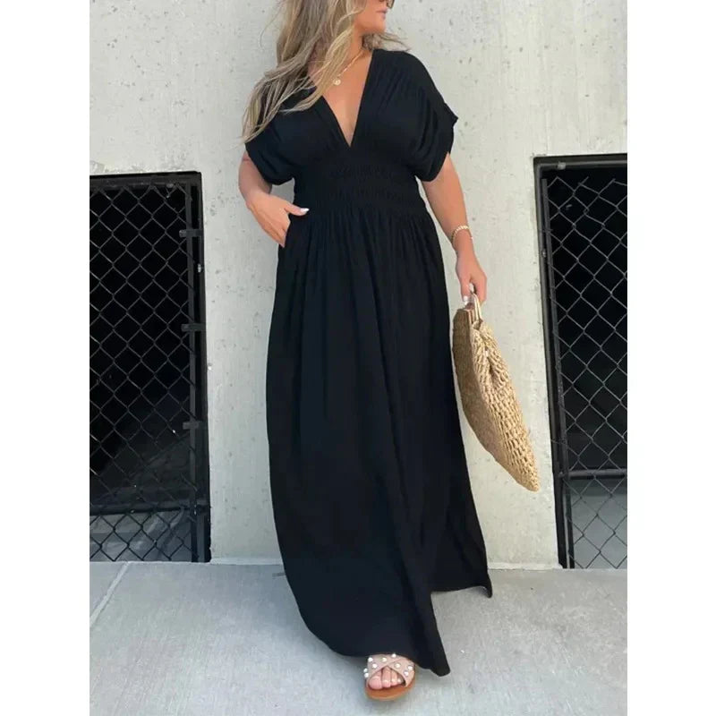 Dames Maxi Jurk Elegante Diepe V-hals met Split - Zomerstijl-4