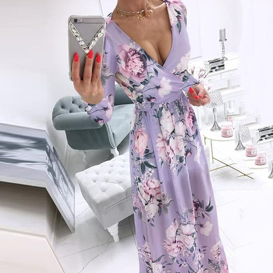 Variant image for Dames Lange Jurk Elegante V-Hals Met Bloemendruk - Zomer Kleding - Lisa-16