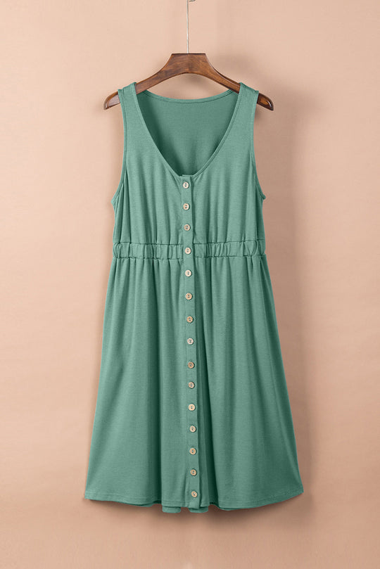 Dames Mouwloze Mini Jurk Hoge Taille Knoopvoorkant - Zomerjurkjes Elegante Stijl-6