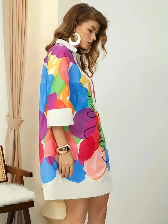 Dames Hemdjurk Kleurrijke Abstracte Print Lichtgewicht Casual - Lisa-2