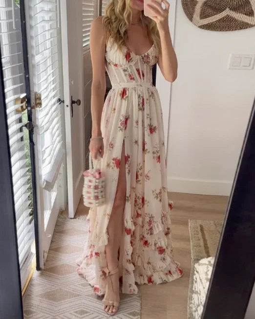 Dames Maxi Jurk Romantische Bloemenprint Met Hoge Split - Sophie-1