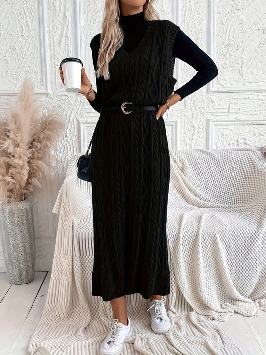Variant image for Dames Mouwloze Maxi Jurk Elegant Kabelpatroon V-hals - Evelien-2
