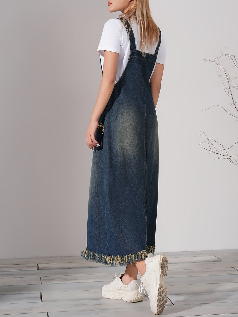 Dames Casual Denim Maxi Jurk Met Ruwe Zoom En Verstelbare Band - Lotte-2