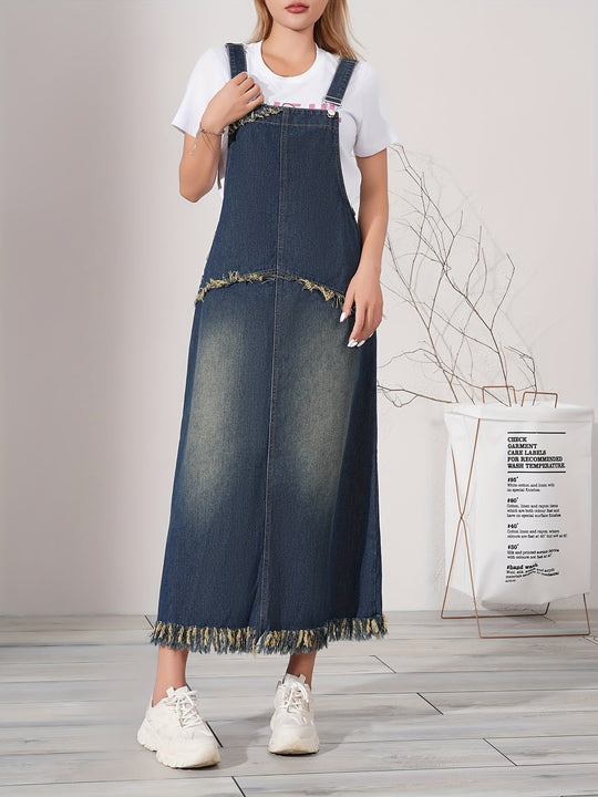 Dames Casual Denim Maxi Jurk Met Ruwe Zoom En Verstelbare Band - Lotte-4