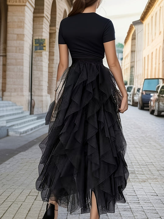 Variant image for Dames Gelaagde Maxi Rok van Mesh met Elastische Taille - Elegant Design-16