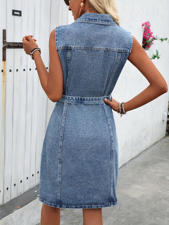 Dames Mouwloze Denim Jurk met Riem en Elegante Details - Noa-6