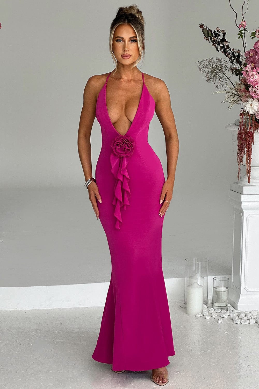 Dames Maxi Jurk Elegante Halter V-Hals van Zachte Melkzijde - Armelia-1
