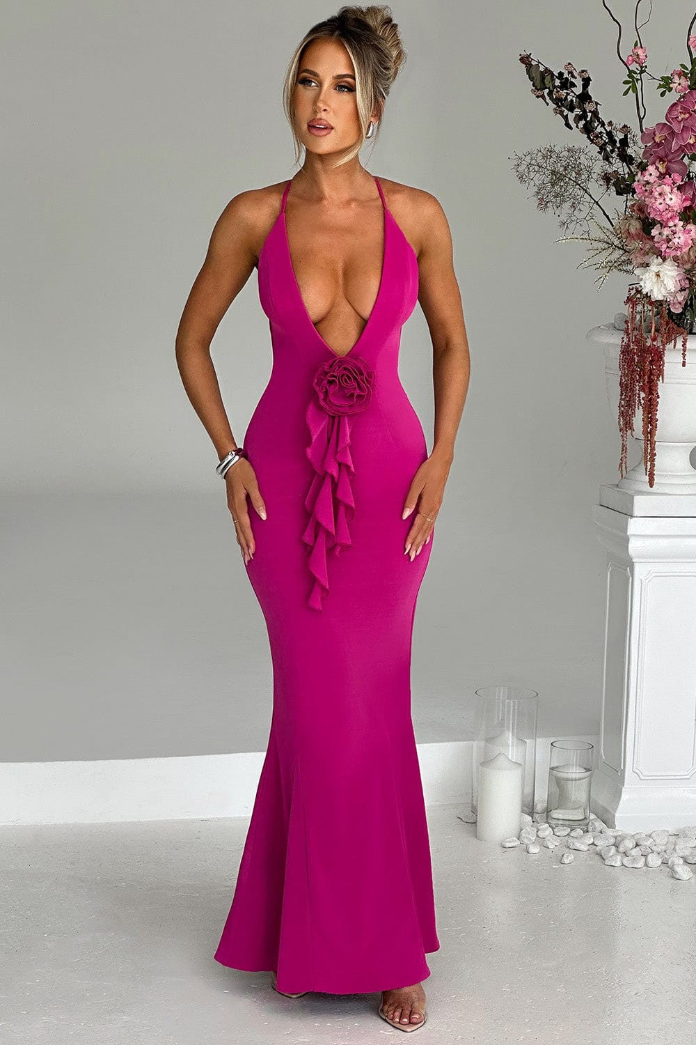 Dames Maxi Jurk Elegante Halter V-Hals van Zachte Melkzijde - Armelia-4
