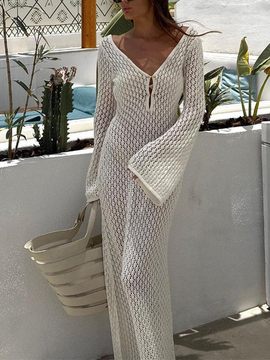 Dames Gehaakte Strandjurk Met V-Hals Elegante Transparantie - Sara-1