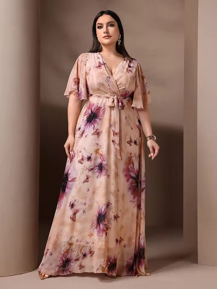 Variant image for Vrouwen Lange Bloemenjurk Elegante V-hals met Strikceintuur - Brielle-1