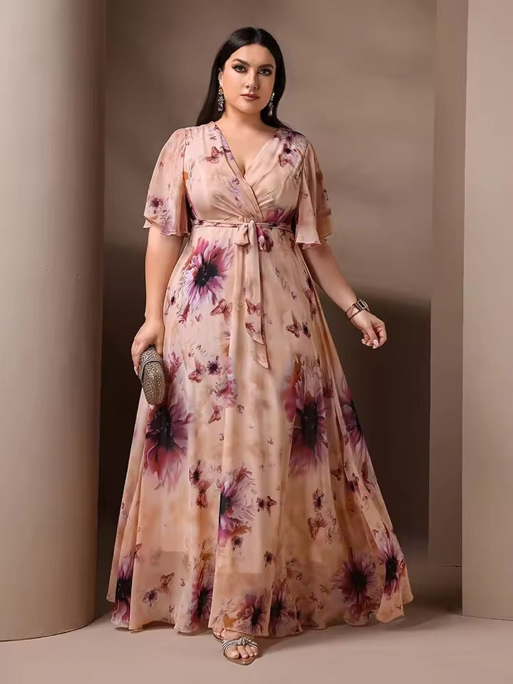 Vrouwen Lange Bloemenjurk Elegante V-hals met Strikceintuur - Brielle-2