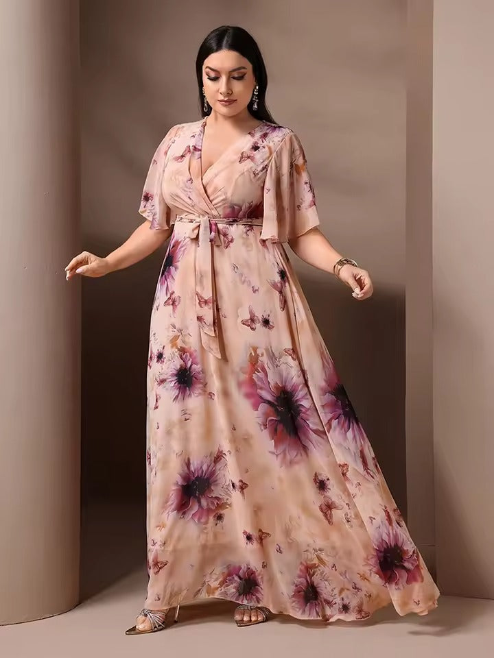 Vrouwen Lange Bloemenjurk Elegante V-hals met Strikceintuur - Brielle-3
