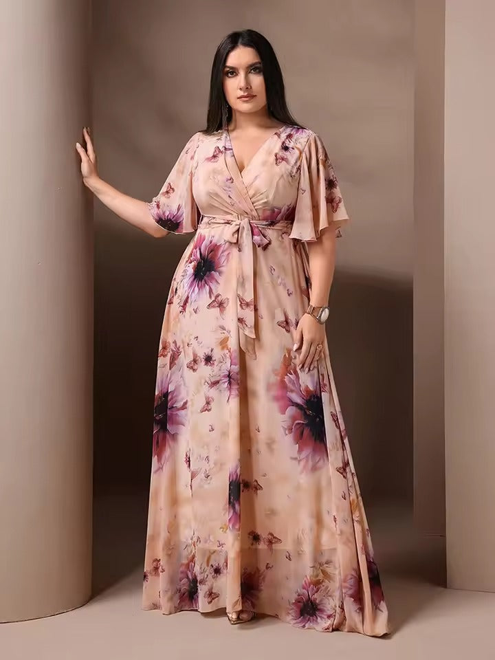 Vrouwen Lange Bloemenjurk Elegante V-hals met Strikceintuur - Brielle-5