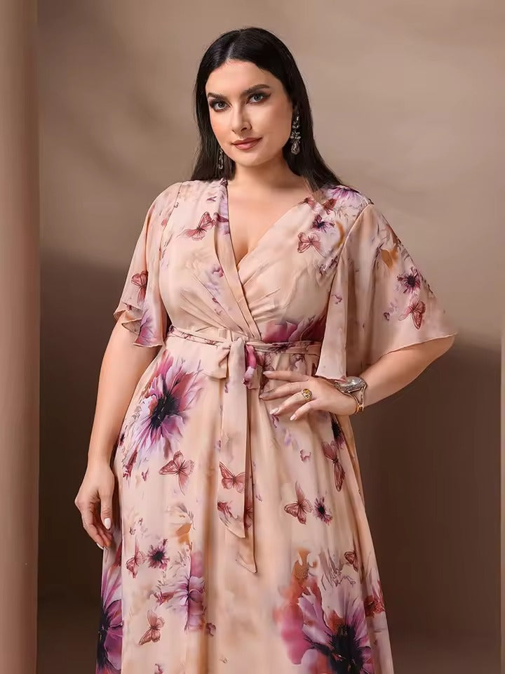Vrouwen Lange Bloemenjurk Elegante V-hals met Strikceintuur - Brielle-6