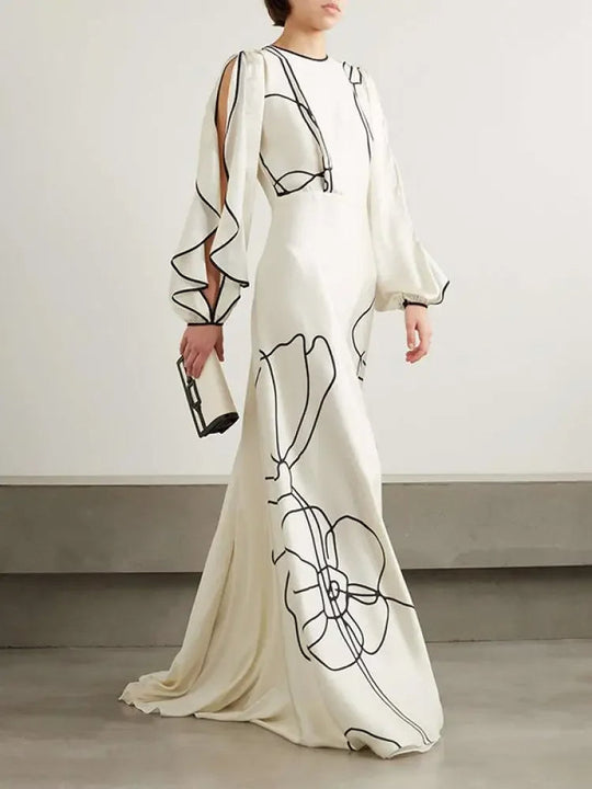 Dames Avondjurk Elegante Bloemenprint Lange Mouwen - Eline