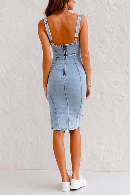 Dames Bodycon Denim Spaghettibandjes en Sexy Split Midi Zomerjurk - Eva