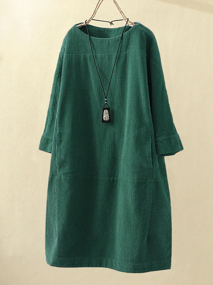 Dames Comfortabele Midi Zomerjurk met Korte Mouw Ribfluweel Design - Robijn