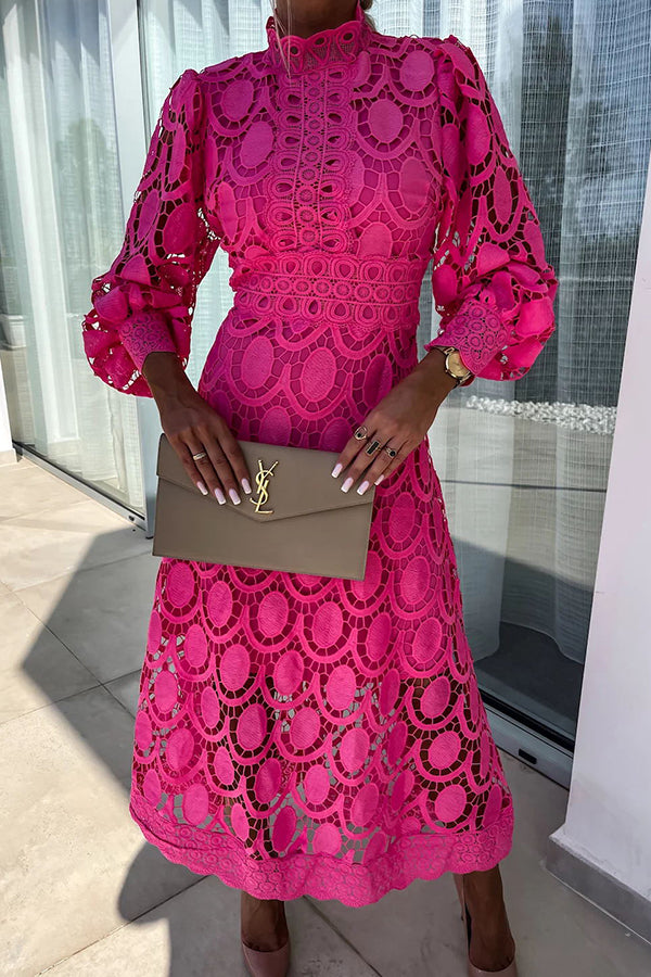 Dames Elegant Luchtig Kantmotief met Lange Mouwen Midi Zomerjurk - Charlene