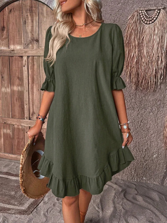 Dames Elegante Midi zomerjurk met korte mouwen en ronde hals - Mieke