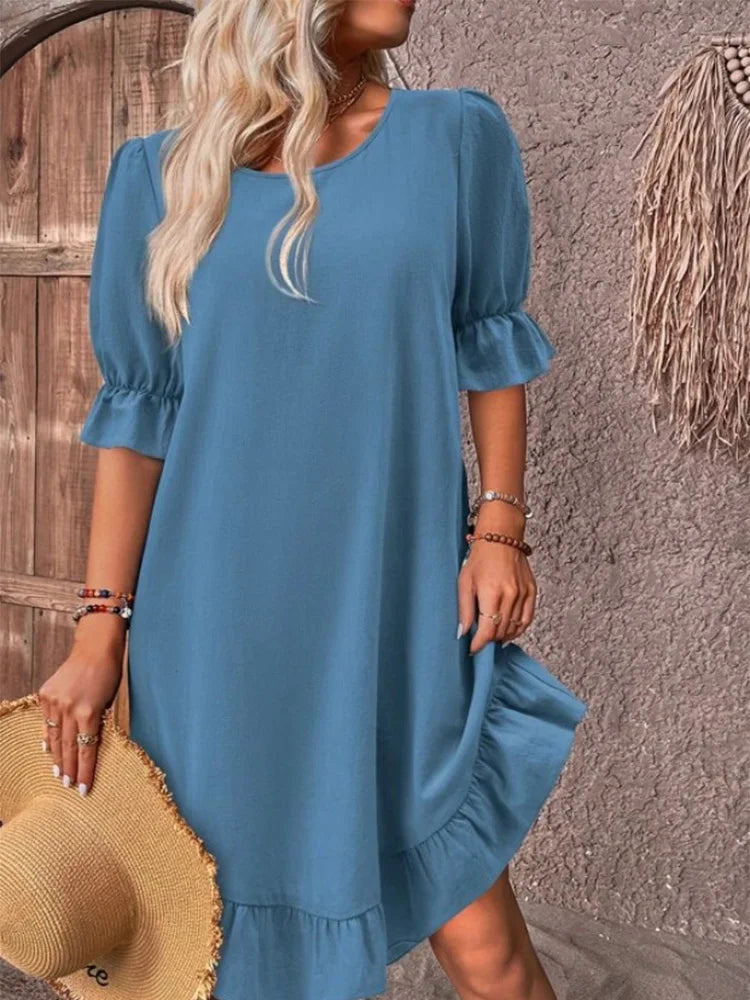 Dames Elegante Midi zomerjurk met korte mouwen en ronde hals - Mieke