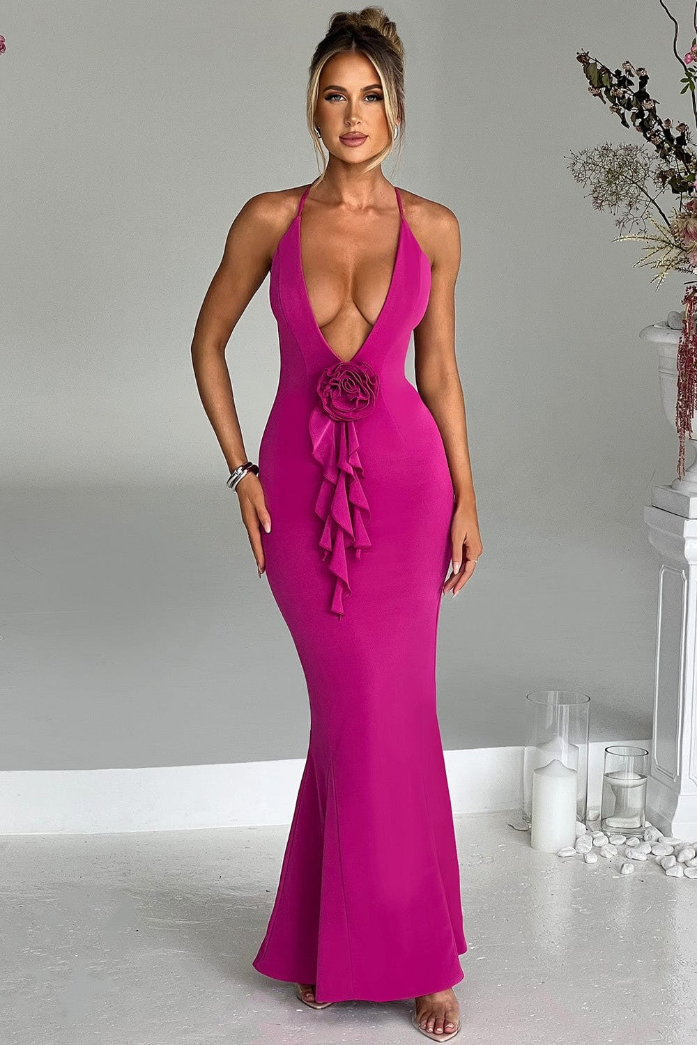 Dames Haltered Rose Maxi Feestjurk - Armelia