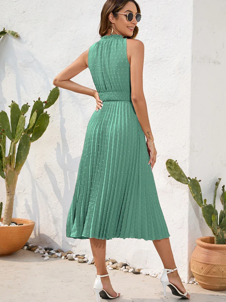 Dames Halterjurk met Plooien Midi Jurk- Bea