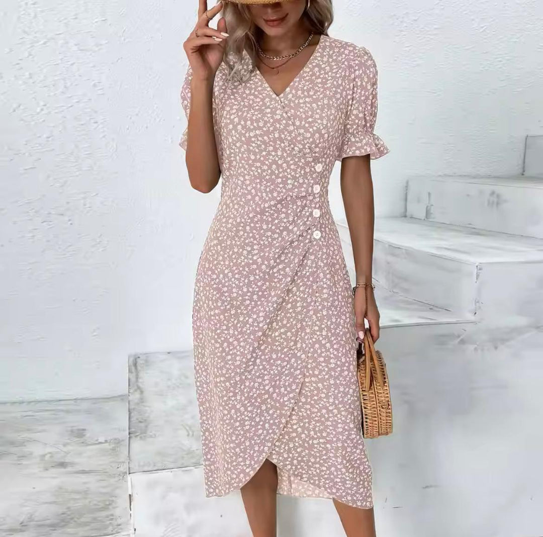 Dames Midi Zomerjurk met Korte Mouwen en V-Hals - Maria