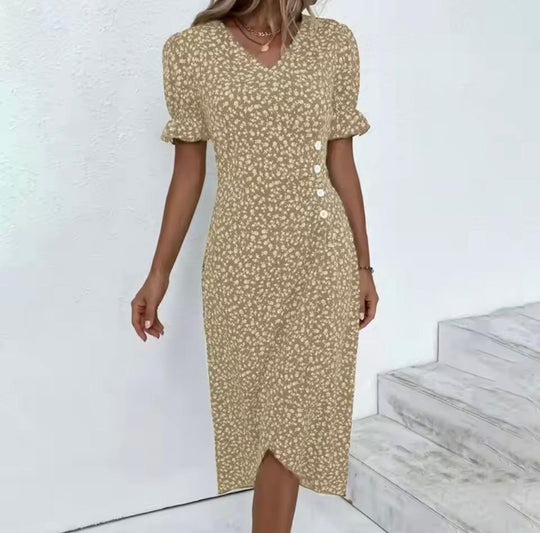 Dames Midi Zomerjurk met Korte Mouwen en V-Hals - Maria