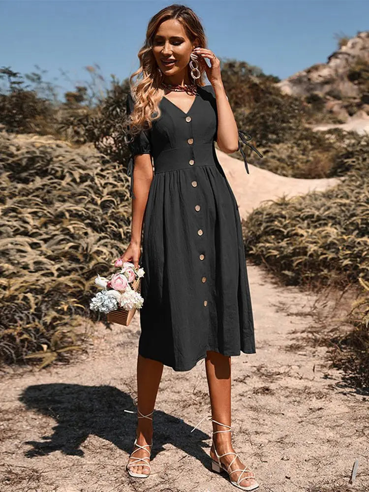 Dames Midi Zonnejurk met knoopsluiting - Annelies